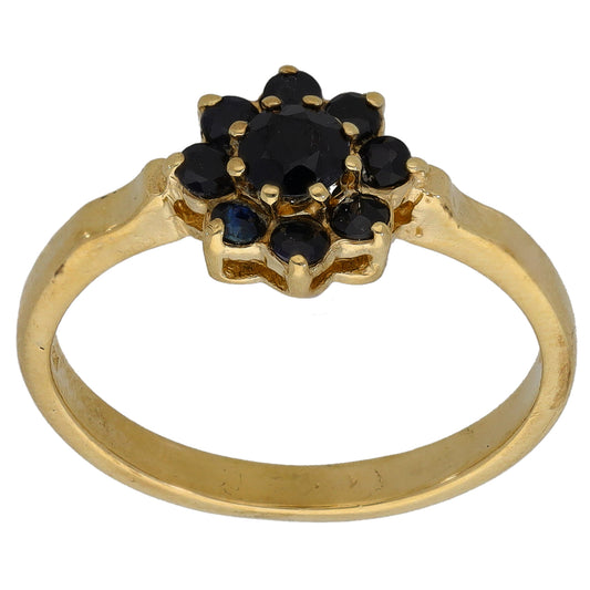 Gold cocktail ring top view with multiple dark round gemstones in a clustered setting