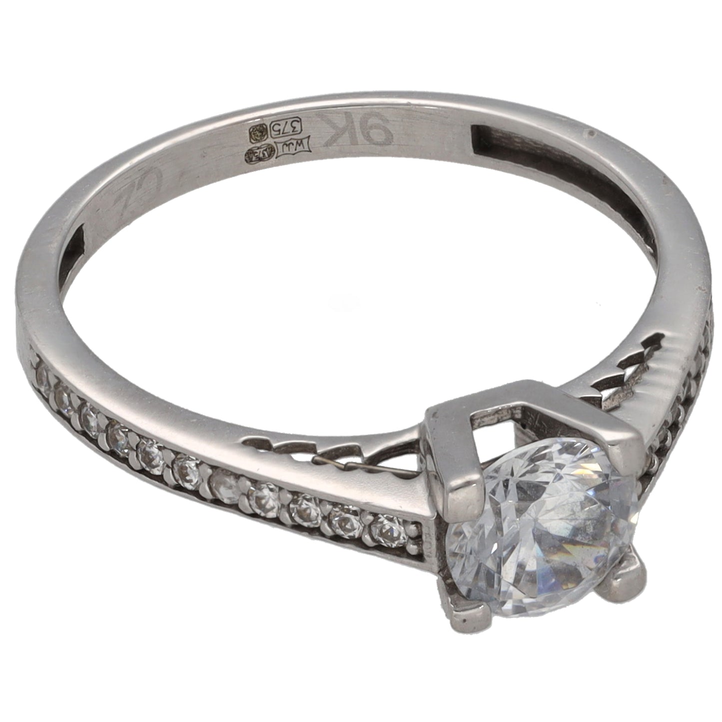 9ct White Gold Cubic Zirconia Single Stone Ring With Accents Size K
