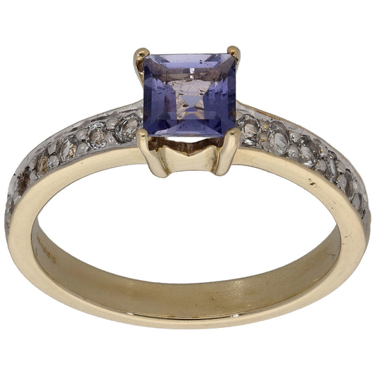 9ct Gold Tanzanite & Imitation Gems Single Stone Ring With Accents Size N