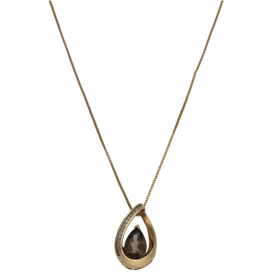14ct Gold Smoky Quartz & 0.14ct Diamond Dress/Cocktail Pendant With Chain