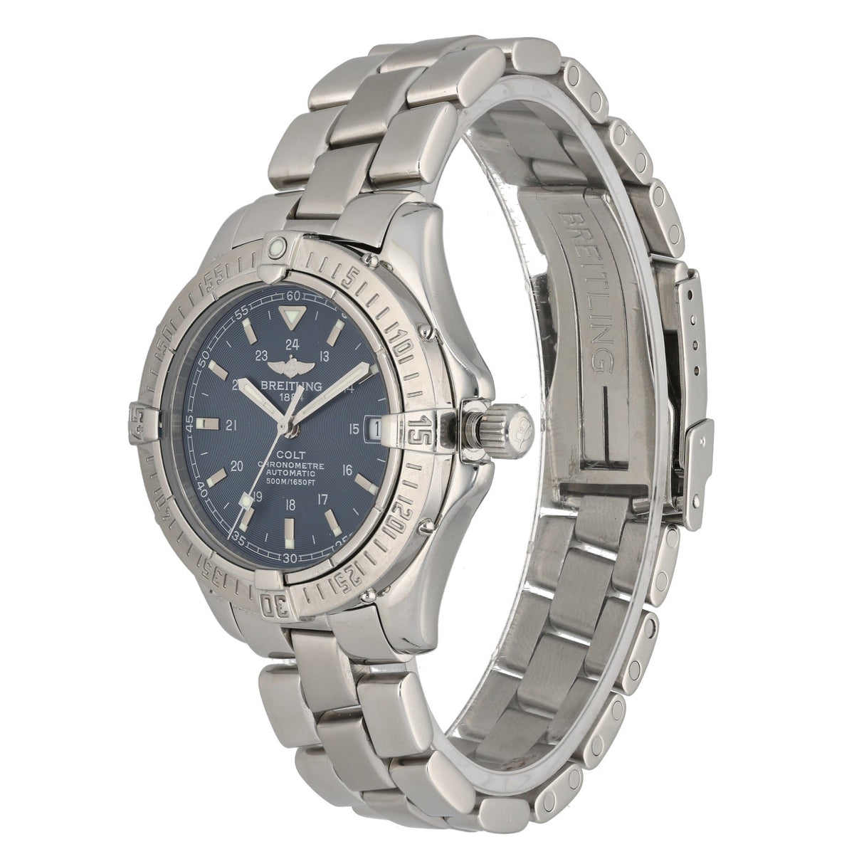 Breitling Colt A17350 stainless steel watch with dark blue dial, side profile and metal bracelet