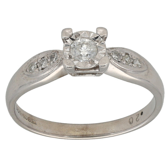 9ct White Gold 0.21ct Diamond Solitaire Ring With Accent Stones Size M