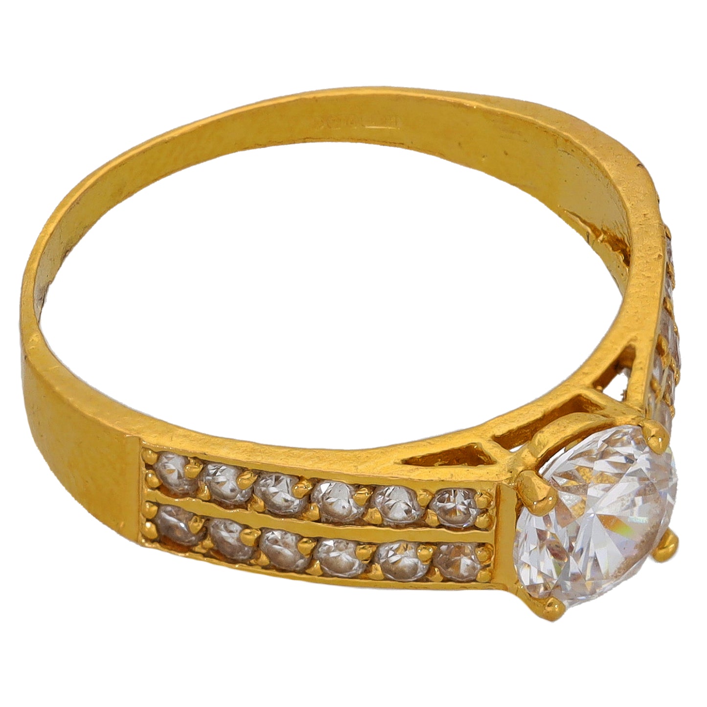 22ct Gold-tone CZ ring with oval shoulder settings and round bezel center stone
