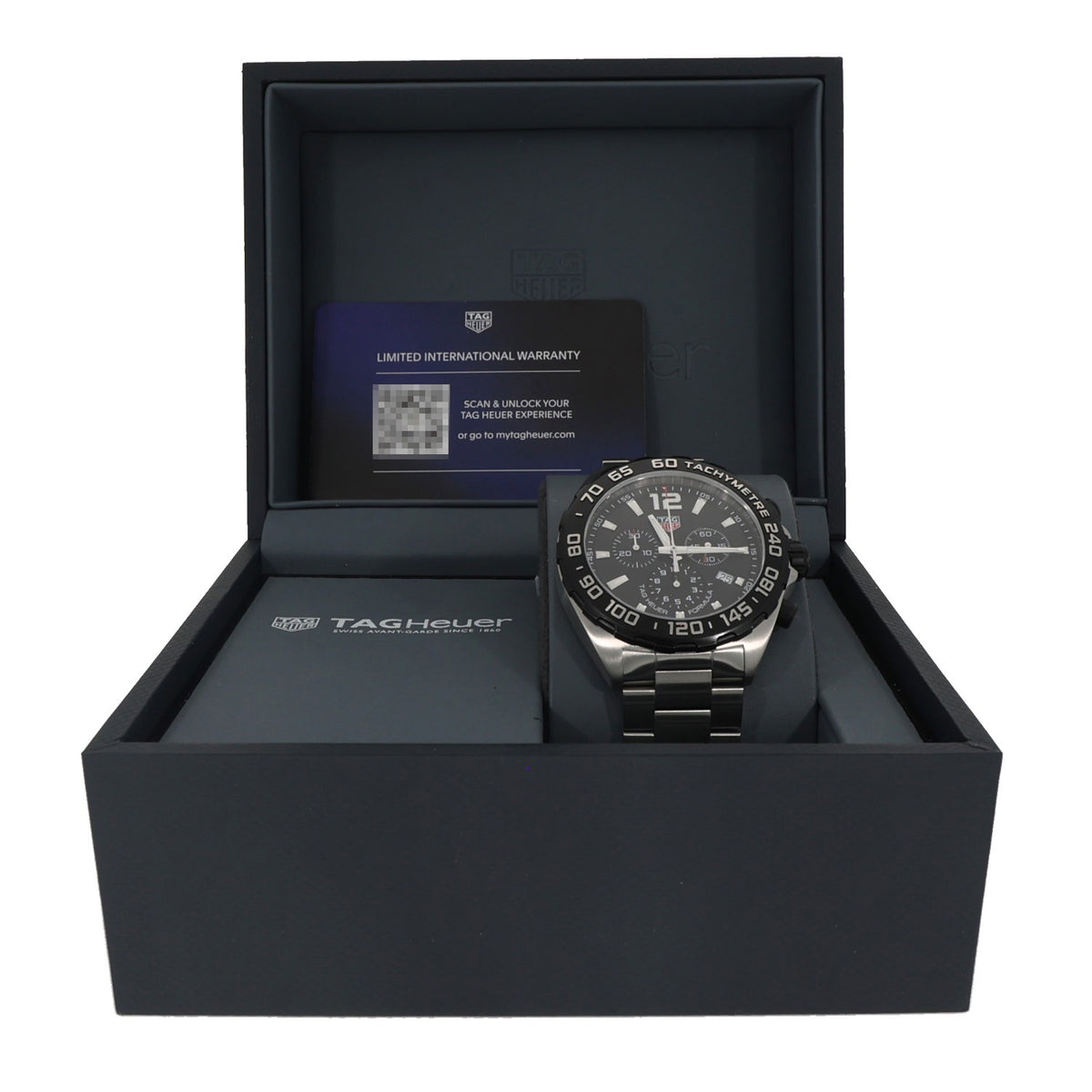 Tag Heuer Formula 1 CAZ1010, black dial with subdials, inside 43mm stainless steel case and link bracelet, box image