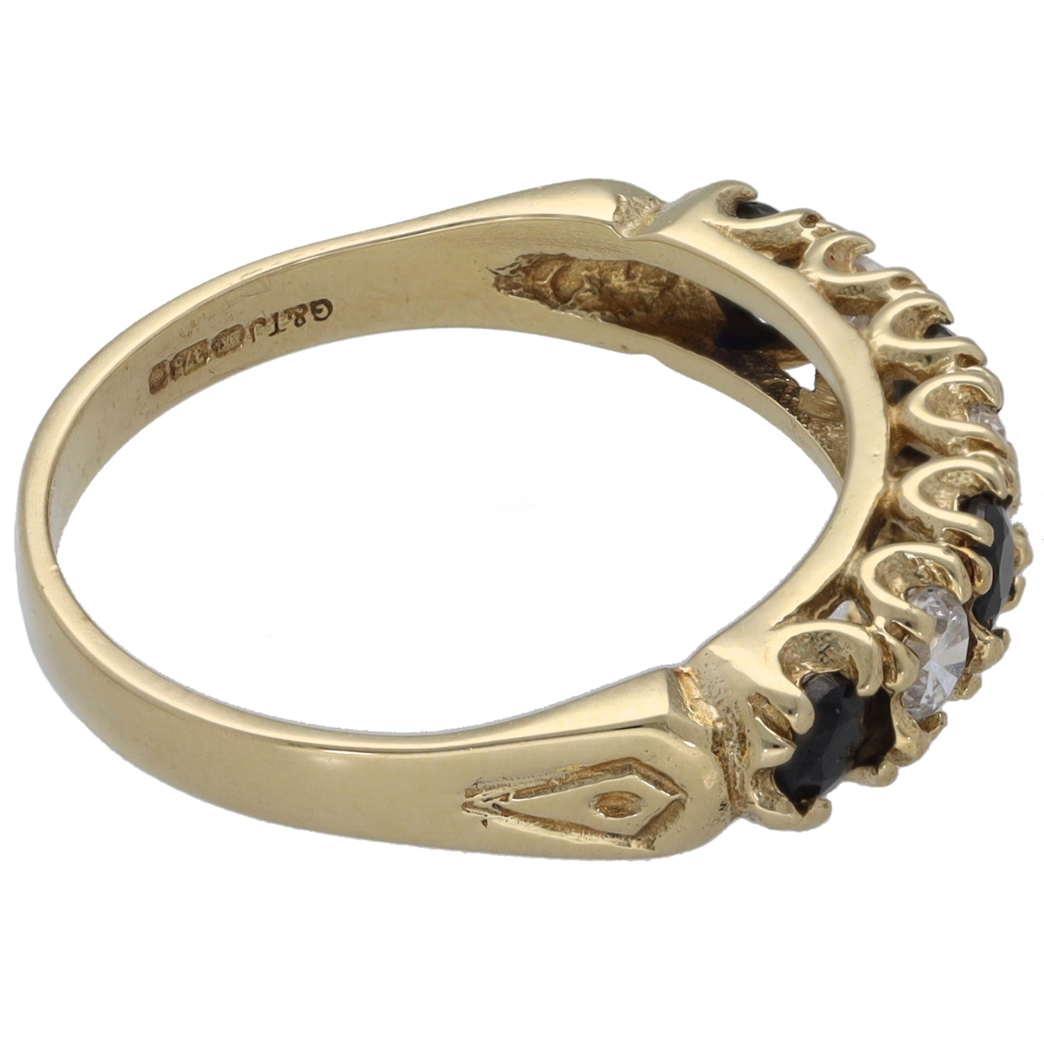 9ct gold half-eternity ring side profile with clear and dark stones, inner engraving
