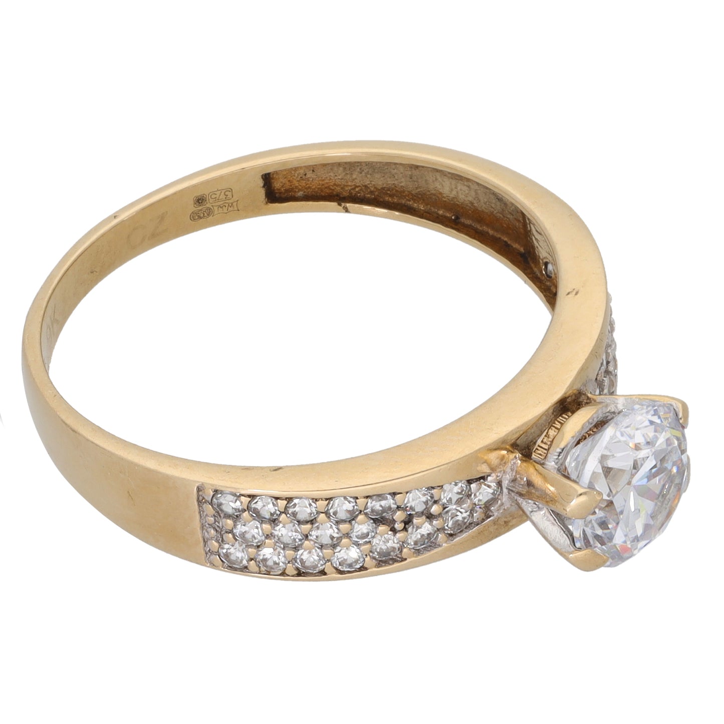 9ct Gold Cubic Zirconia Single Stone Ring with Accent Stones Size S