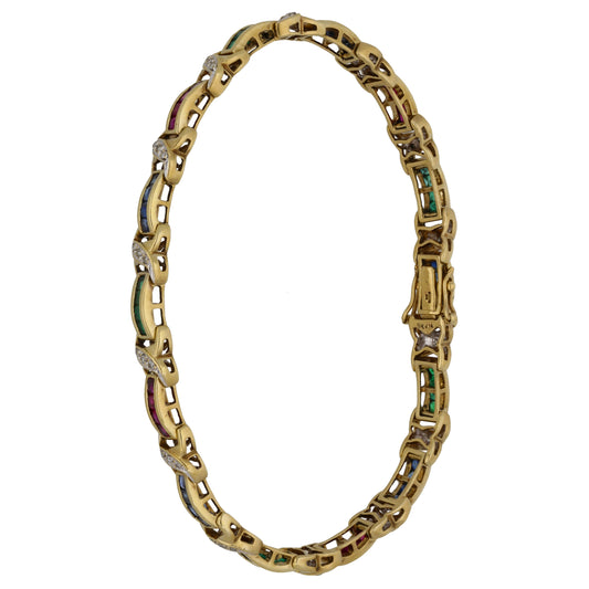 9ct Gold 0.42ct Diamond, Emerald, Ruby & Sapphire Fancy Bracelet