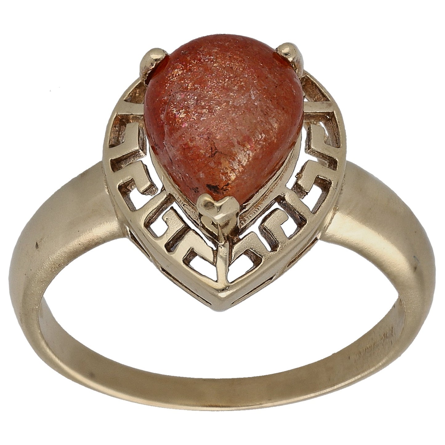 9ct gold ring with red sunstone cabochon and geometric lattice bezel