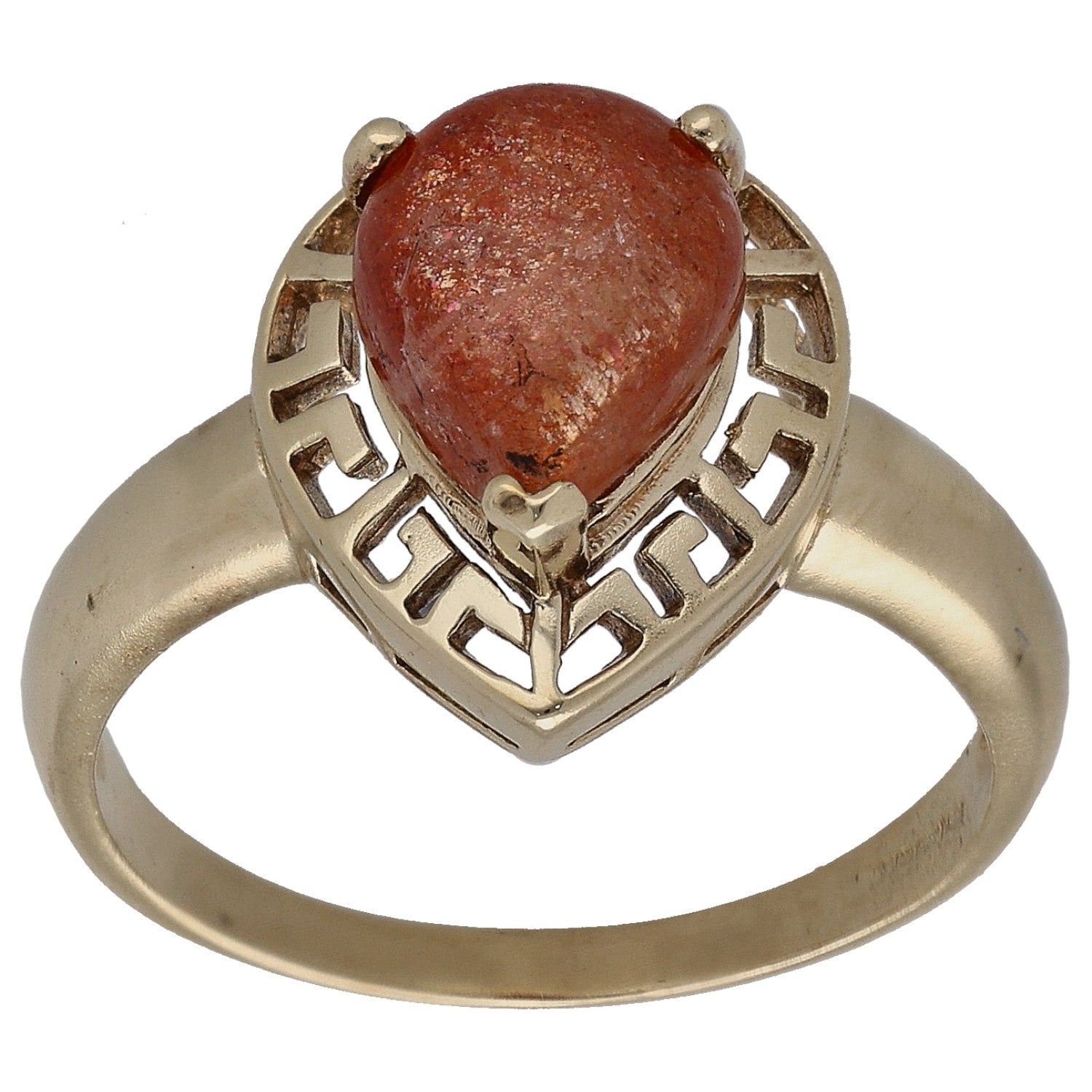 9ct gold ring with red sunstone cabochon and geometric lattice bezel