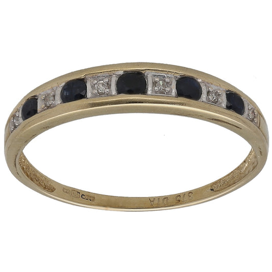 9ct gold half eternity ring with round dark sapphires and small round diamonds