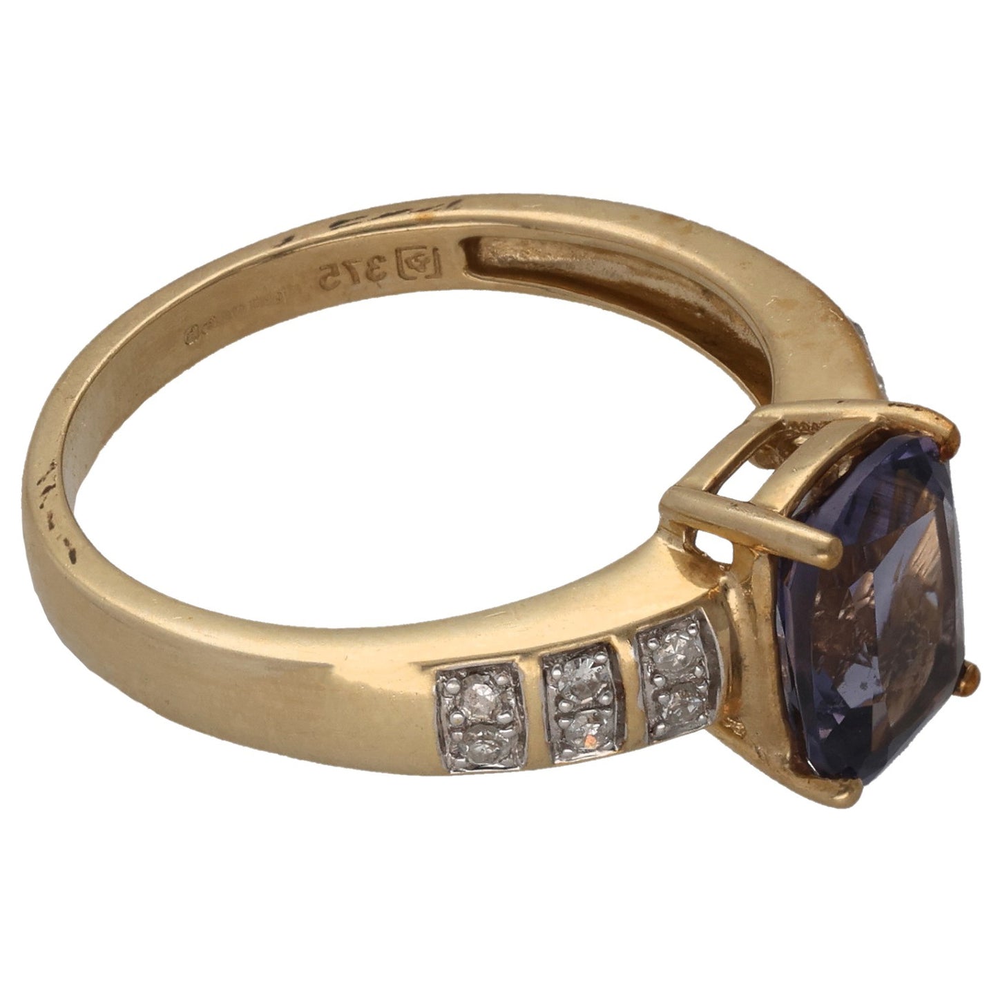 9ct Gold Iolite & 0.12ct Diamond Single Stone Ring With Accents Size Q