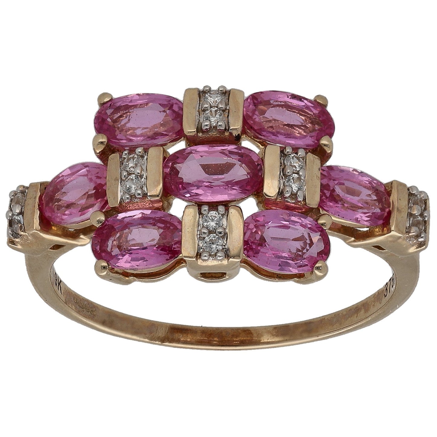 9ct gold oval pink gemstone cluster cocktail ring with diamond-like accents