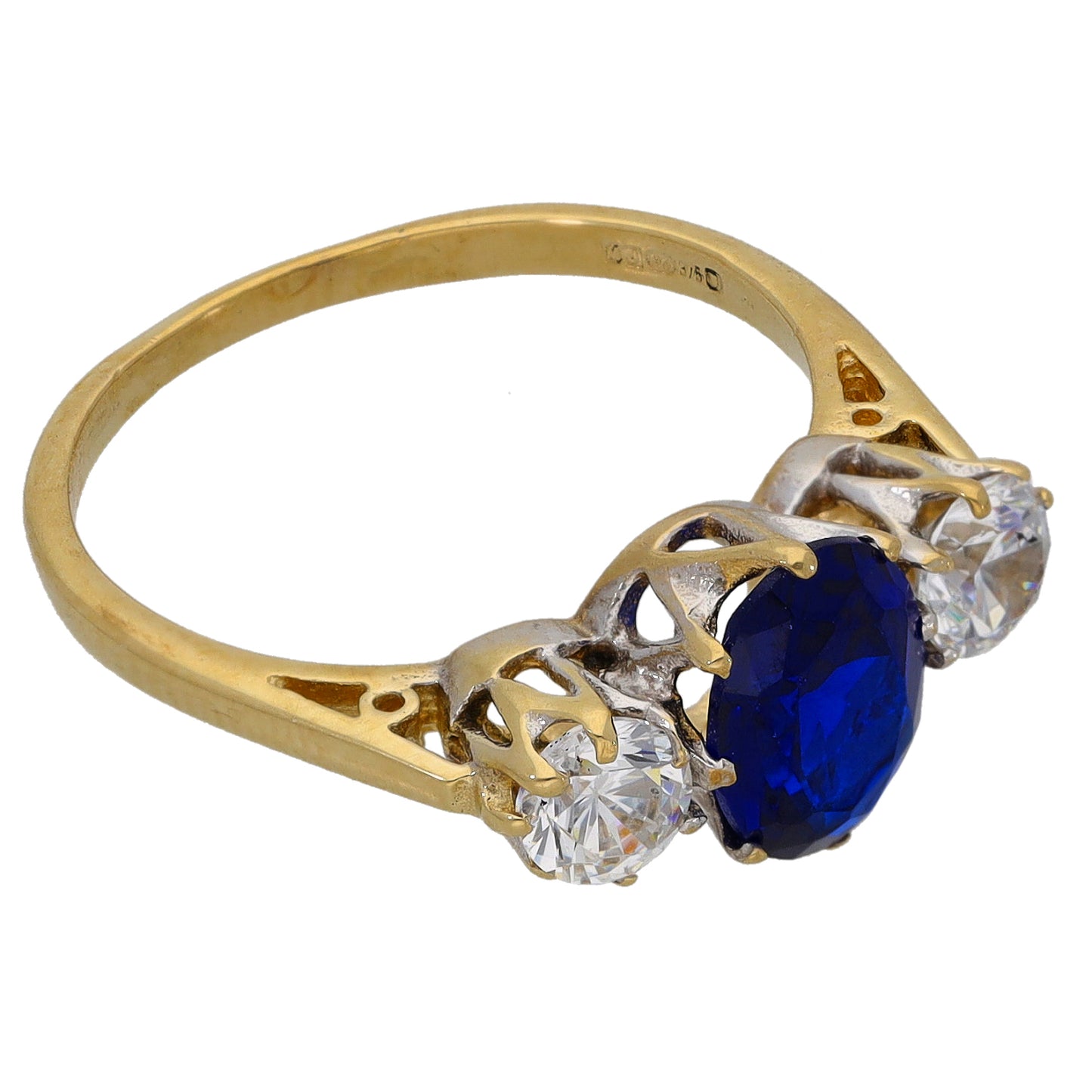 9ct Gold Man Made Sapphire & Cubic Zirconia Trilogy Ring Size M