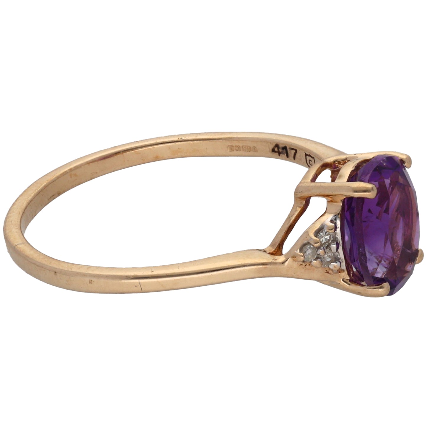 9ct Gold Amethyst & 0.03ct Diamond Single Stone Ring With Accents Size N