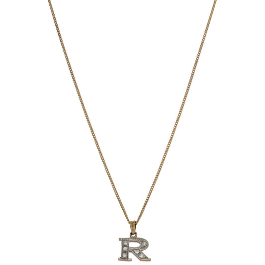 9ct Gold Cubic Zirconia Initial 'R' Pendant With Chain