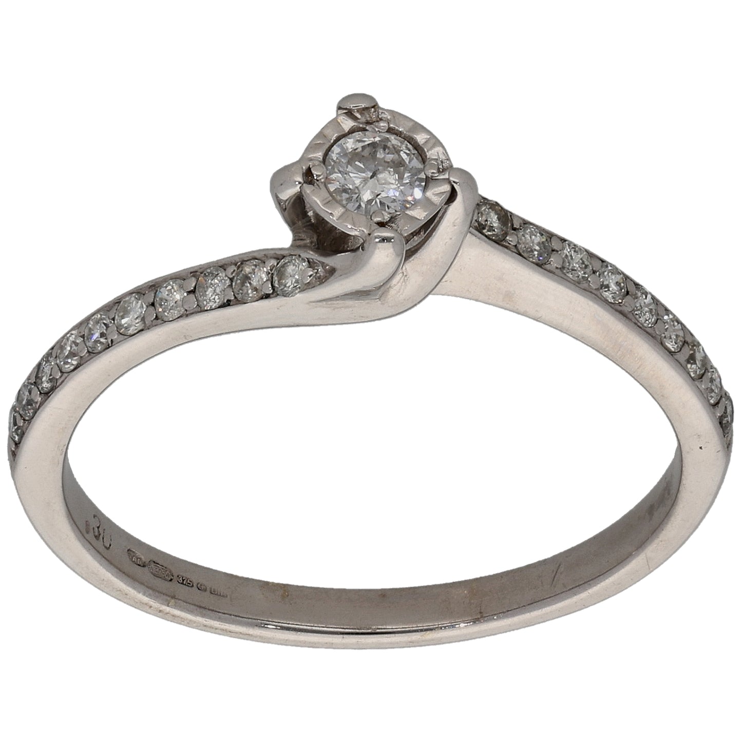 9ct White Gold 0.30ct Diamond Solitaire Ring With Accent Stones Size R