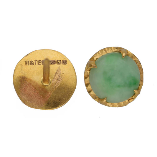18ct gold jade stud earring with green cabochon and scalloped bezel