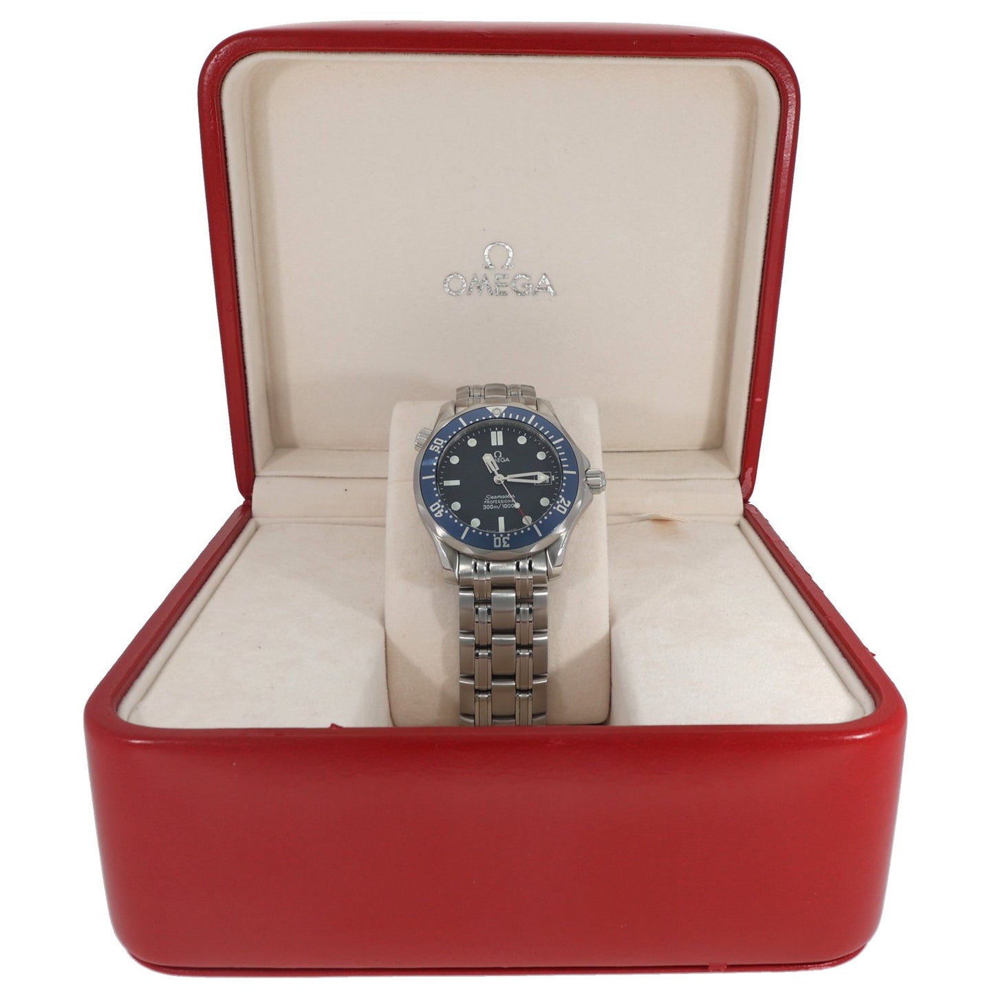Omega Seamaster 2561.80.00 Stainless steel wristwatch with blue dial and bracelet, in red display case.