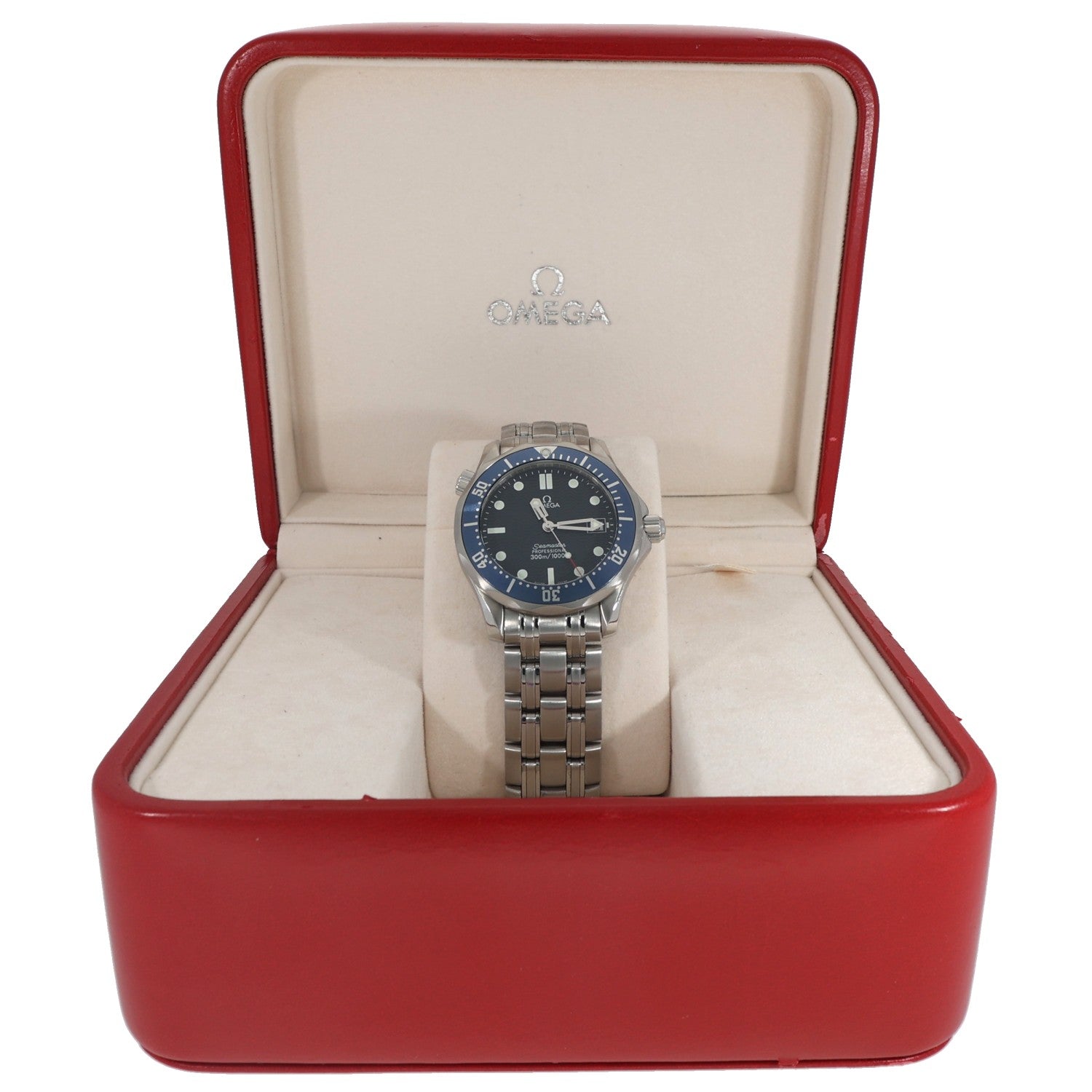 Omega Seamaster 2561.80.00 Stainless steel wristwatch with blue dial and bracelet, in red display case.