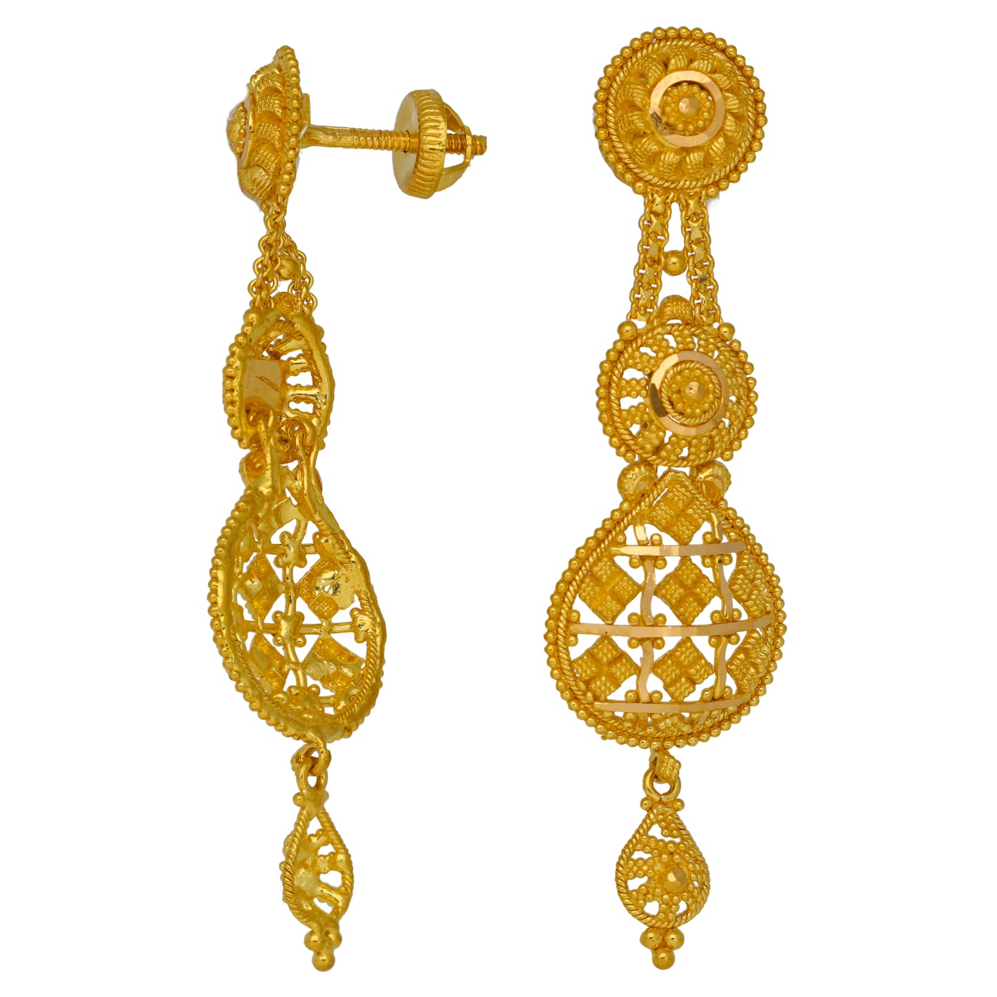 Gold filigree drop earrings with circular top, lattice drop, and small bead dangle