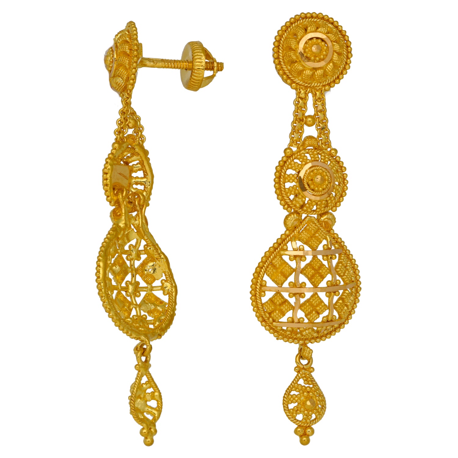 Gold filigree drop earrings with circular top, lattice drop, and small bead dangle