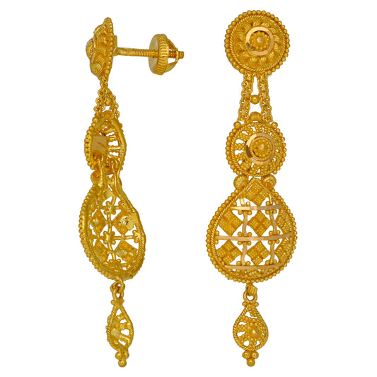 Gold filigree drop earrings with circular top, lattice drop, and small bead dangle