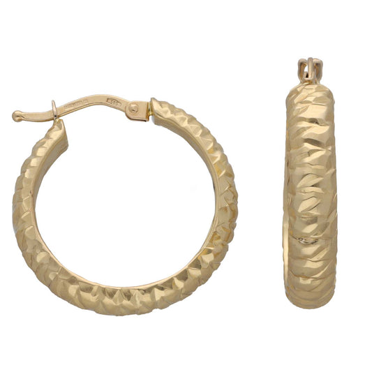 14ct gold hoop earrings with hammered texture and hinged clasp closure