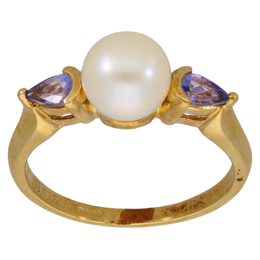 9ct gold cultured pearl cocktail ring with two tanzanite stones, Size Q