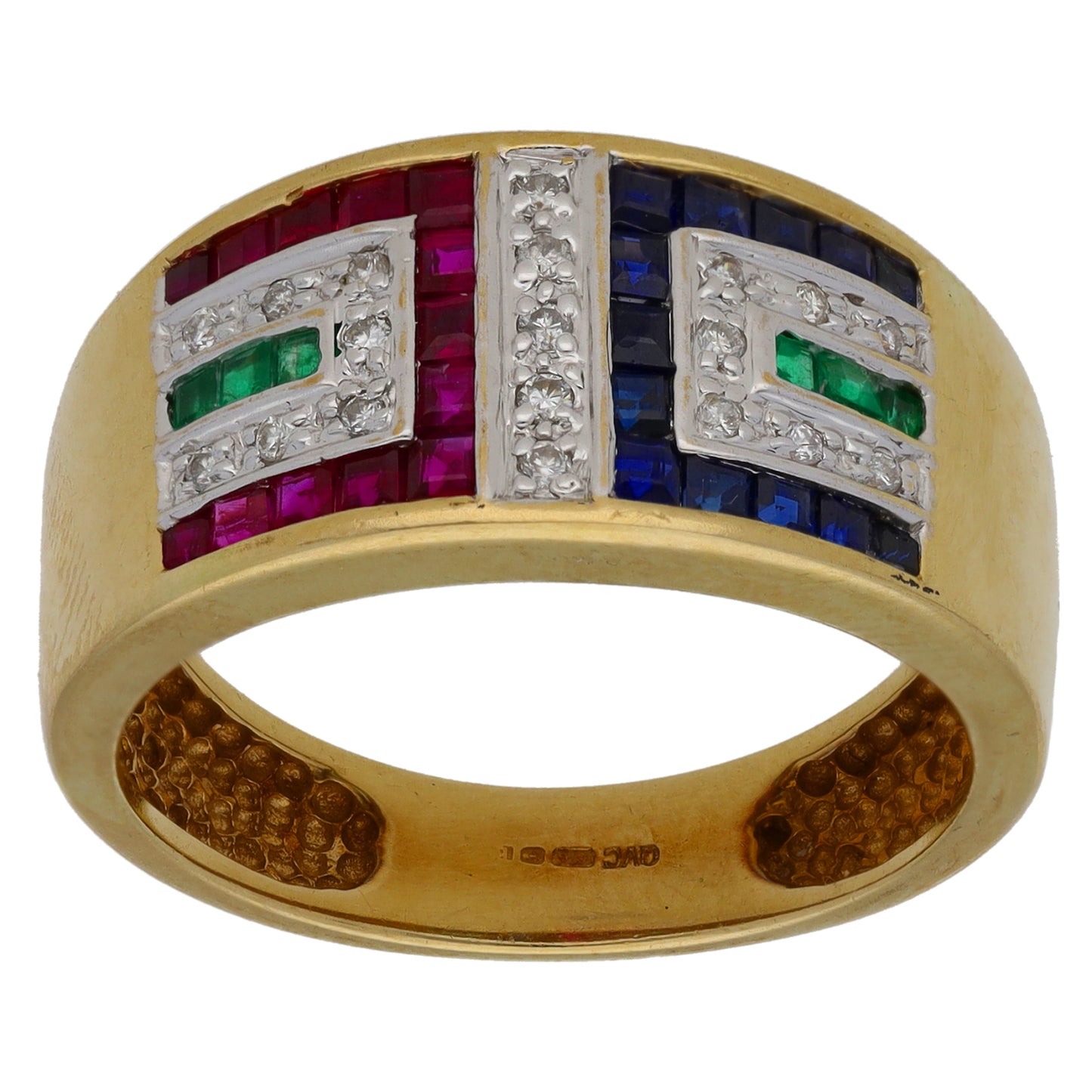 9ct Gold Emerald, Sapphire, Ruby & 0.095ct Diamond Dress/Cocktail Ring Size R