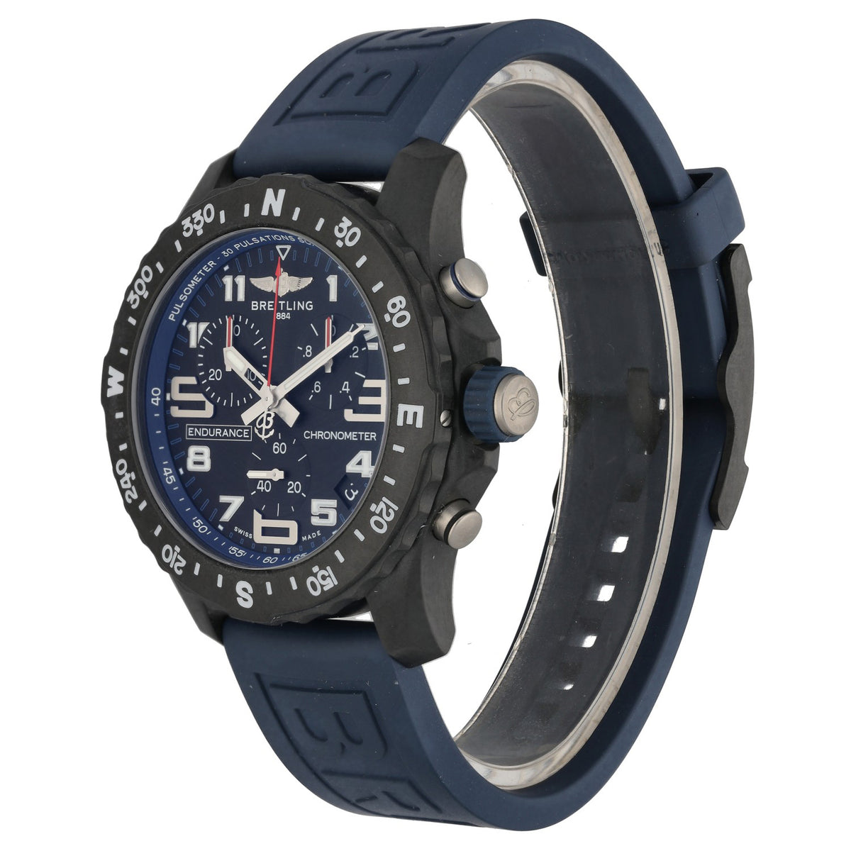 Breitling Endurance Pro X82310, with sub dials in a black Breitlight case with blue rubber bracelet, front angle