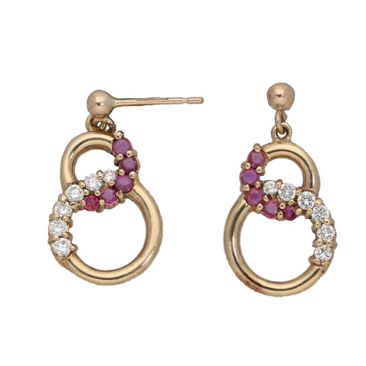 9ct Gold Glass Filled Ruby & Cubic Zirconia Drop Earrings