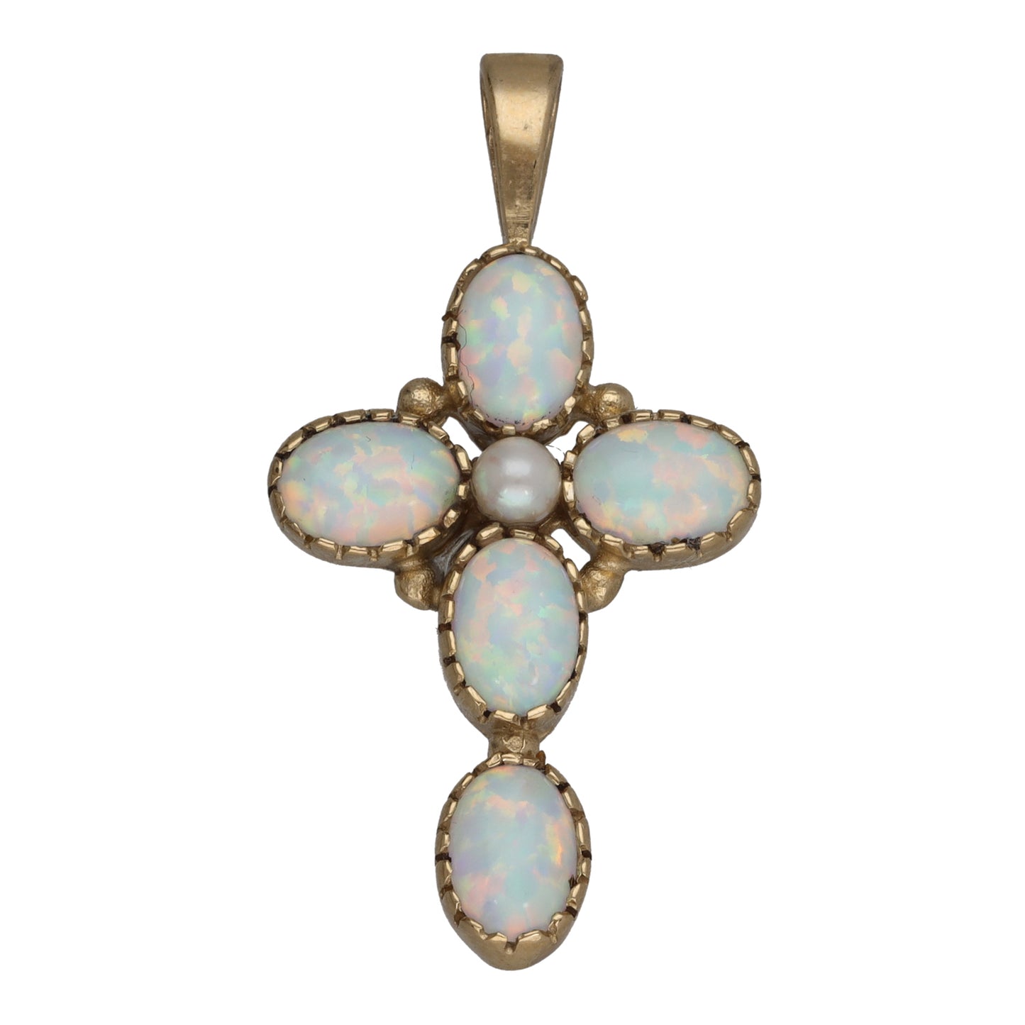 9ct Gold Man Made Opal & Cultured Pearl Cross Pendant