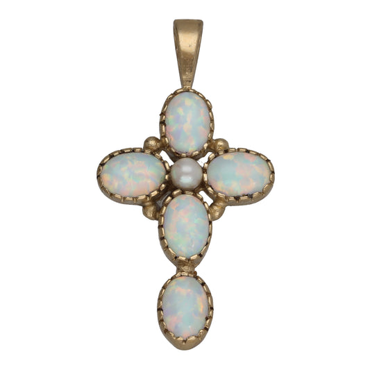 9ct Gold Man Made Opal & Cultured Pearl Cross Pendant