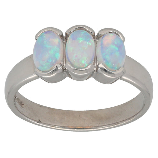 9ct White Gold Man Made Opal Three Stone Ring Size O