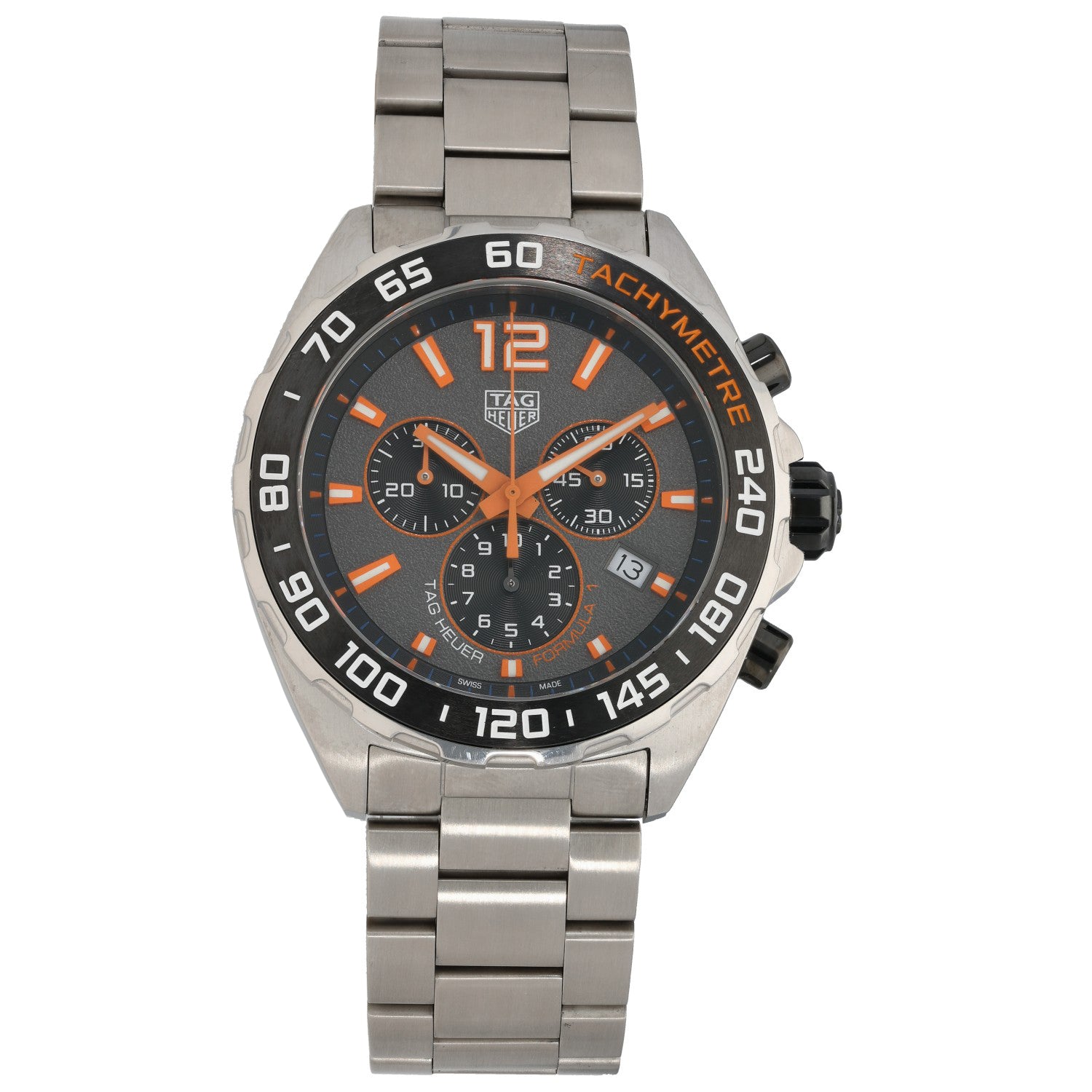 Tag Heuer F1 CAZ101AH Stainless steel chronograph watch with black dial, orange accents, and metal bracelet.