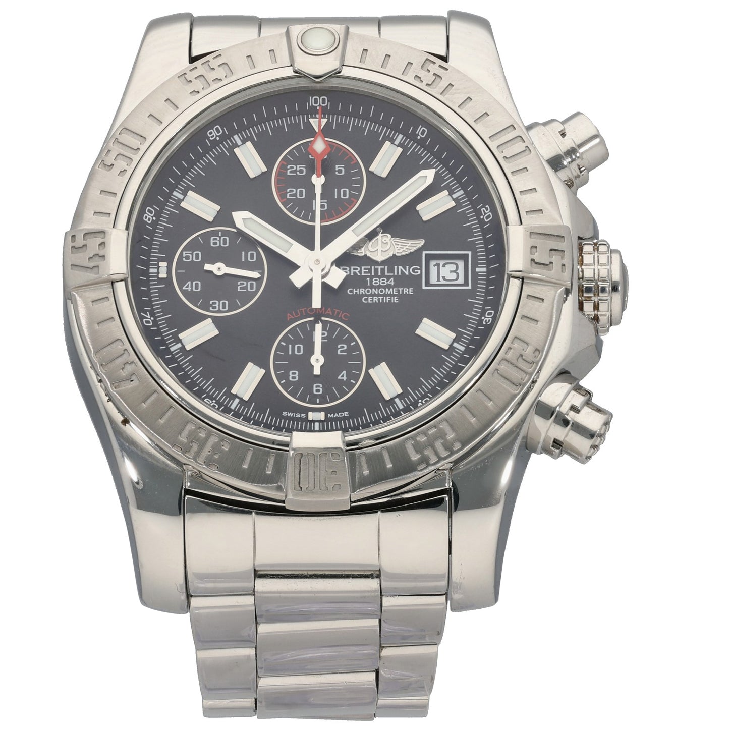 Breitling Avenger II A13381 Stainless steel chronograph wristwatch with black dial, three subdials, metal bracelet