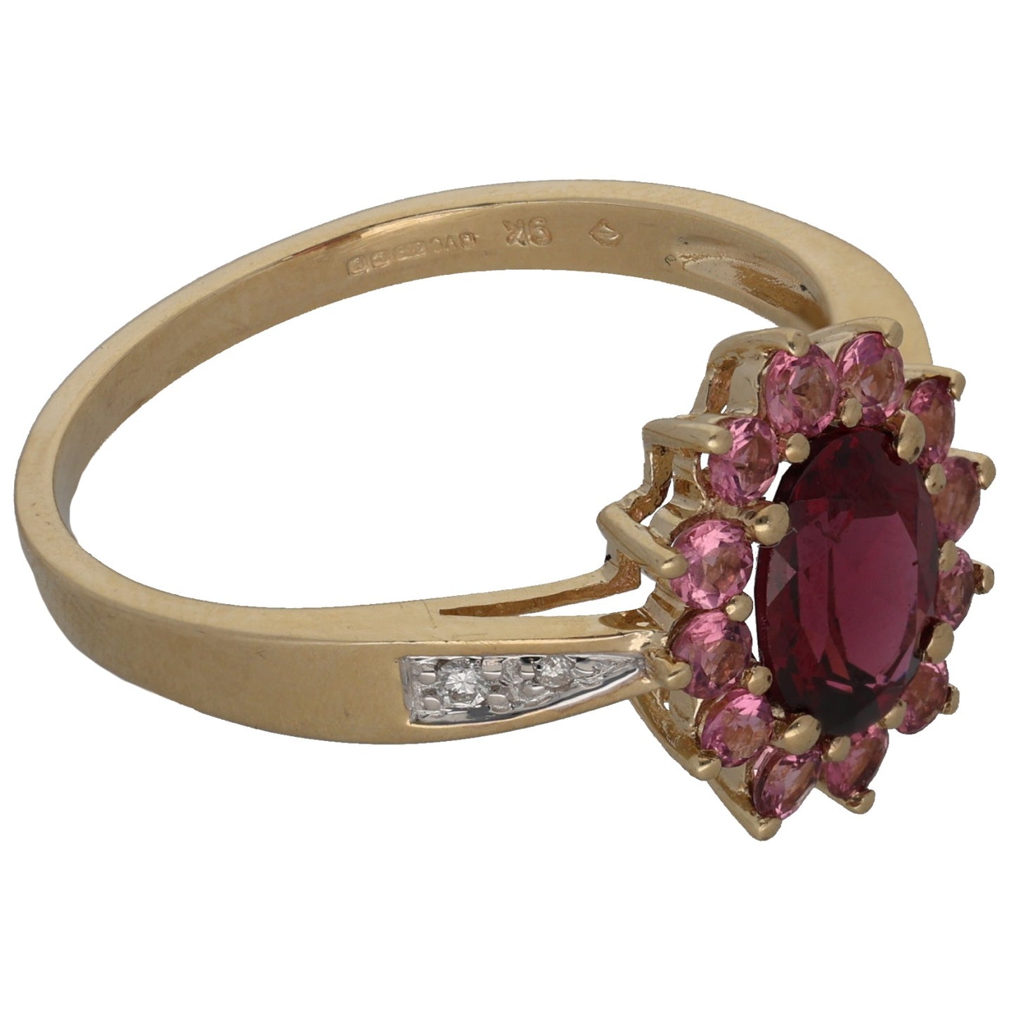 9ct Gold Garnet, Tourmaline & 0.05ct Diamond Dress/Cocktail Ring Size T