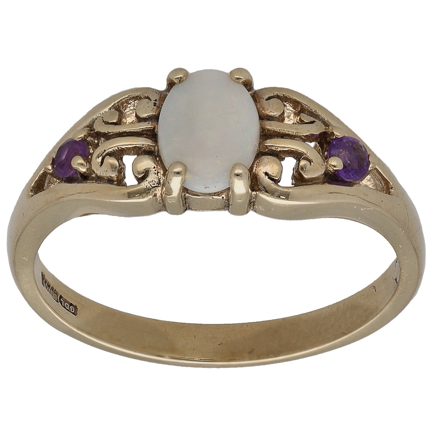 Gold cocktail ring with oval opal stone and two purple amethyst side stones