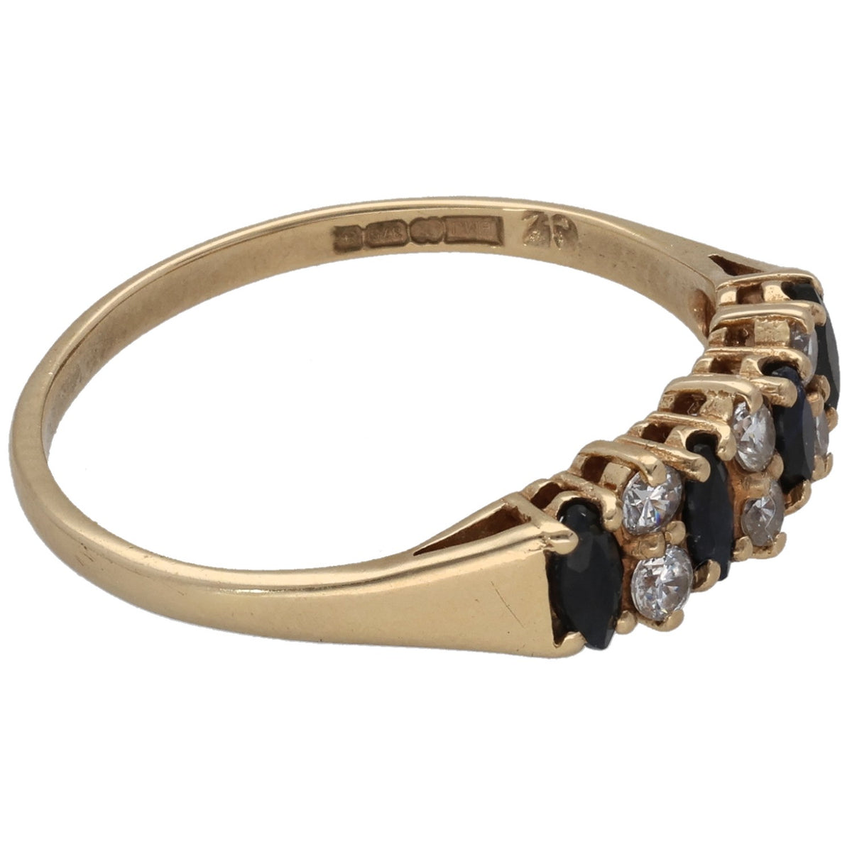 9ct gold ring with staggered dark stones and clear round crystals, side view