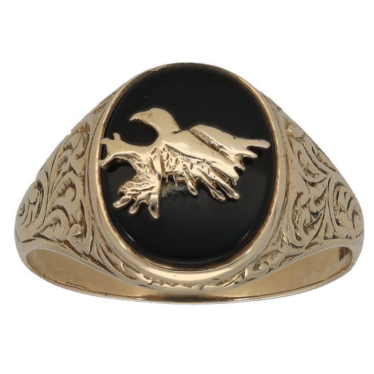 9ct Gold Onyx Crest/Emblem Single Stone Signet Ring Size Q