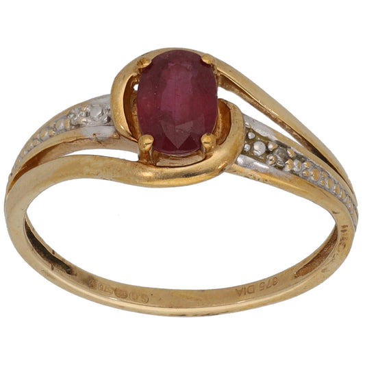 9ct Gold Ruby & 0.01ct Diamond Single Stone Ring With Accents Size L