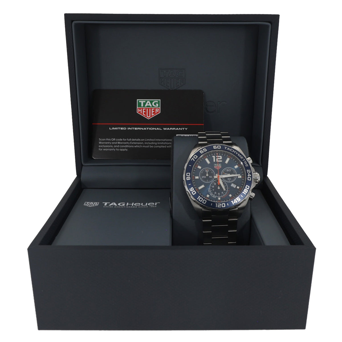 Tag Heuer Formula 1 CAZ1014, blue dial and bezel inside 43mm stainless steel case and bracelet, in Tag Heuer box