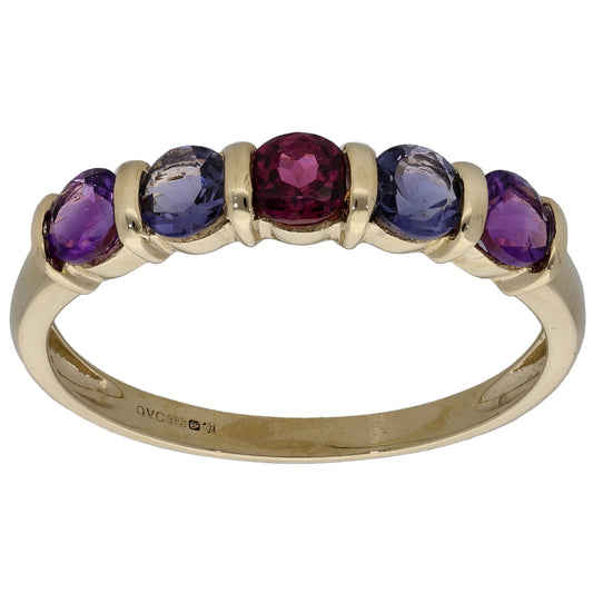 9ct Gold Garnet, Iolite & Amethyst Half Eternity Ring Size T