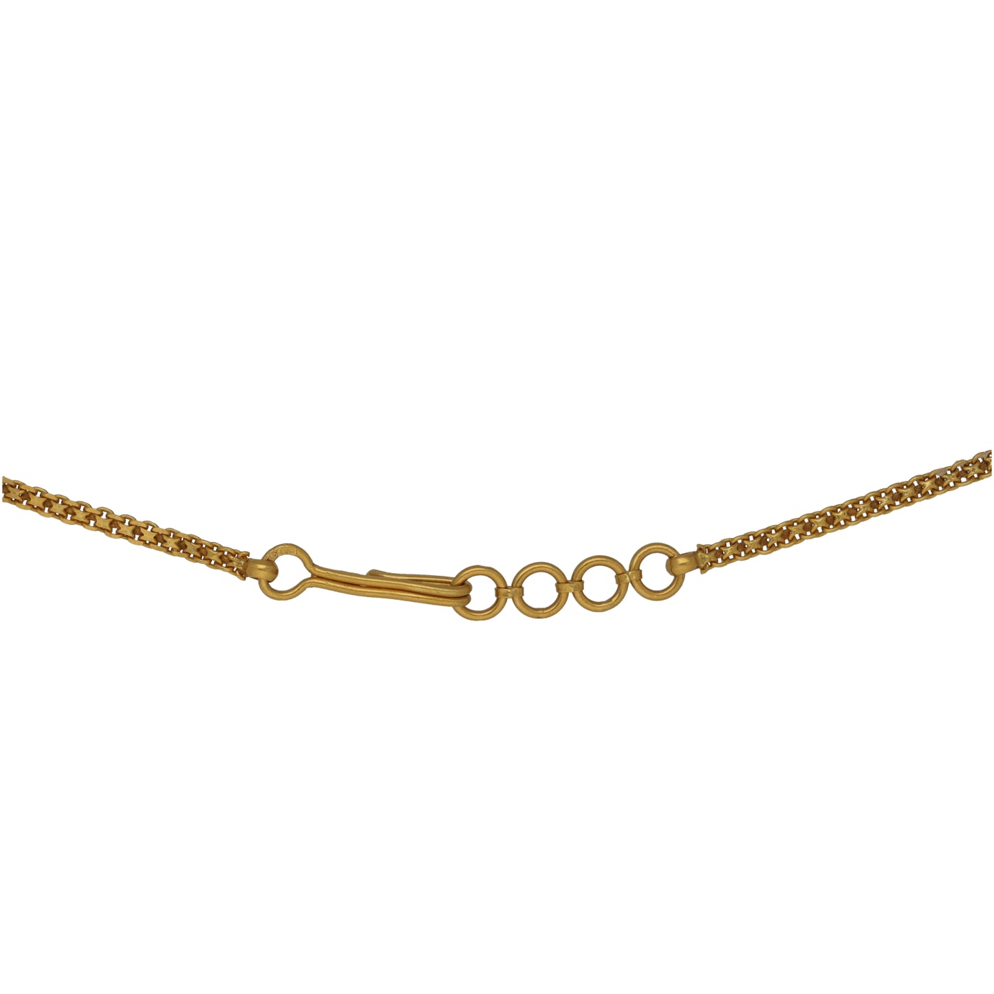 Yellow gold necklace with round link chain and ring clasp at the center