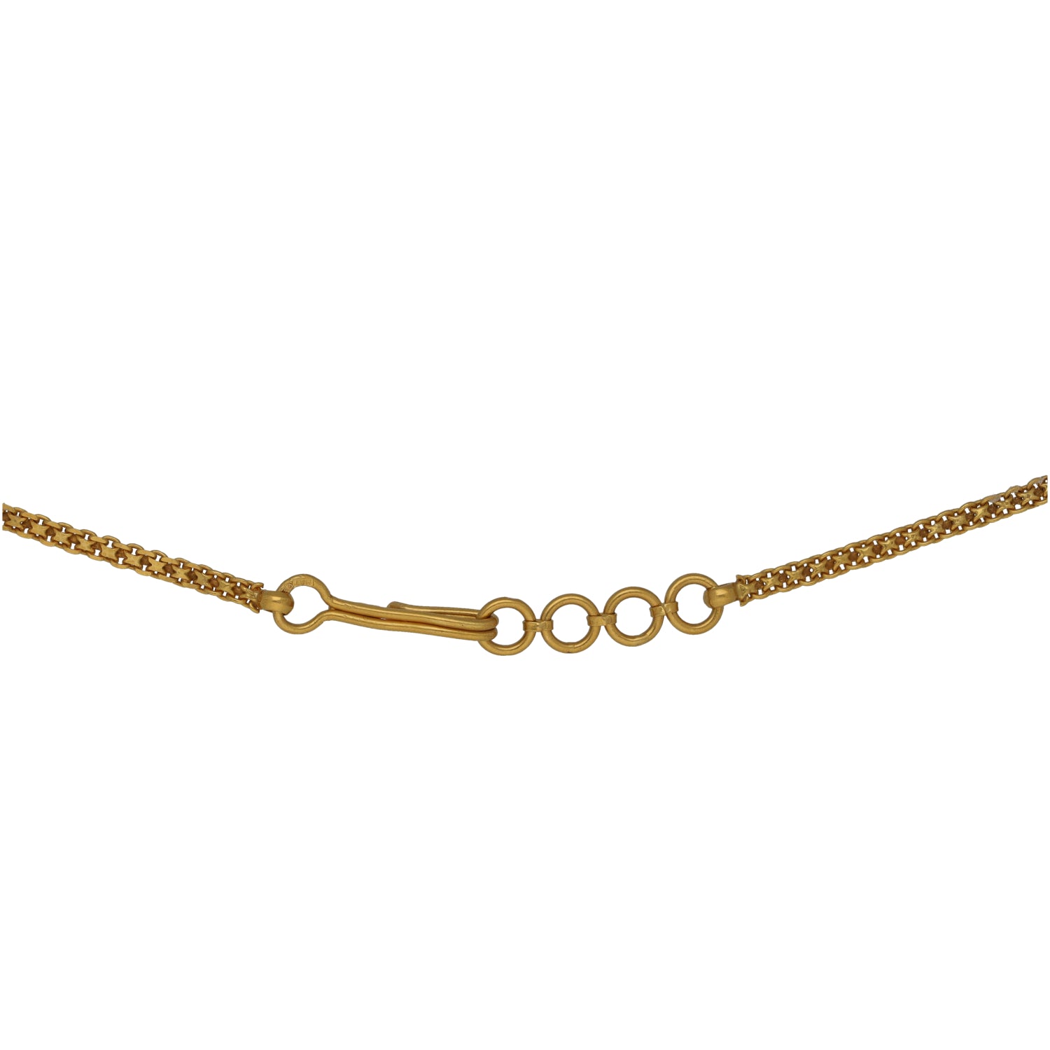 Yellow gold necklace with round link chain and ring clasp at the center
