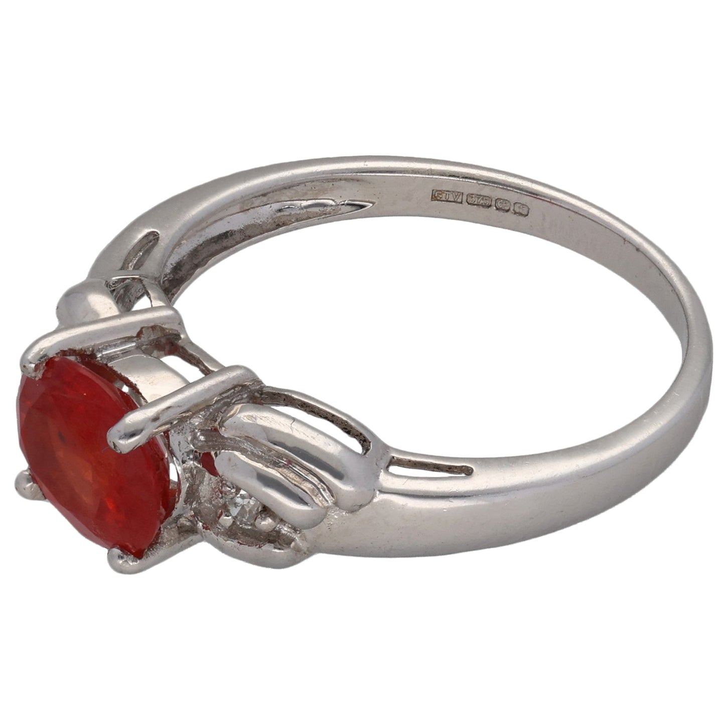9ct White Gold Red Sapphire & 0.01ct Diamond Trilogy Ring Size N