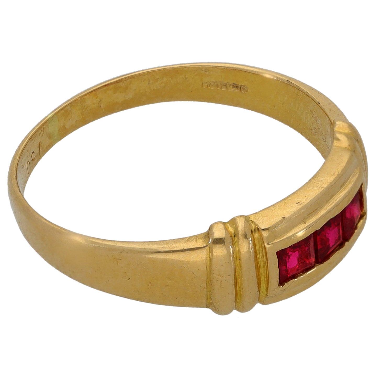18ct Gold Man Made Ruby Three Stone Ring Size P
