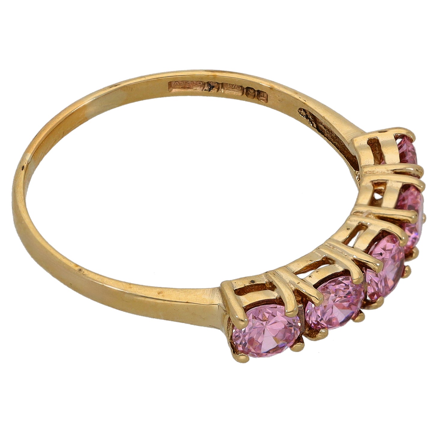 9ct gold half eternity ring with pink CZ stones and openwork crown