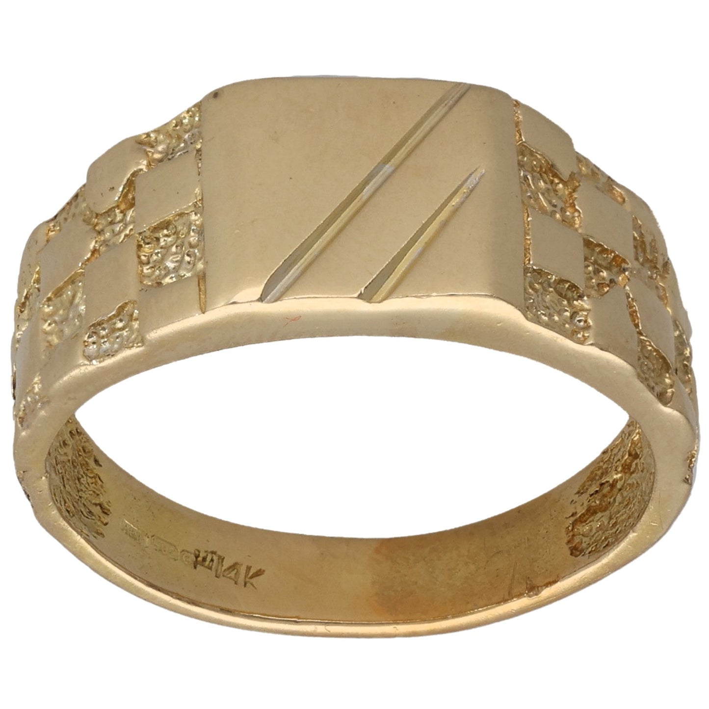 14ct gold signet ring with patterned side band and engraved inner hallmark