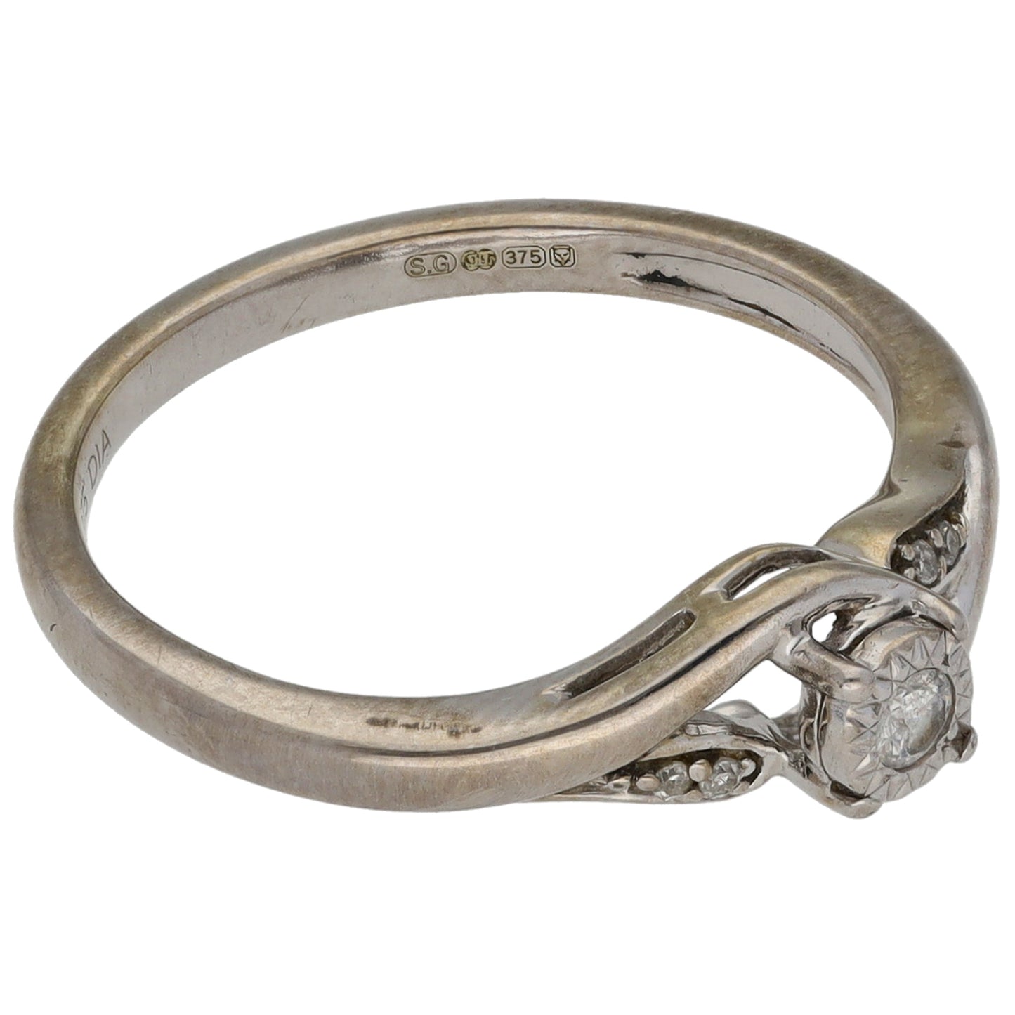 9ct White Gold 0.06ct Diamond Solitaire Ring With Accent Stones Size L